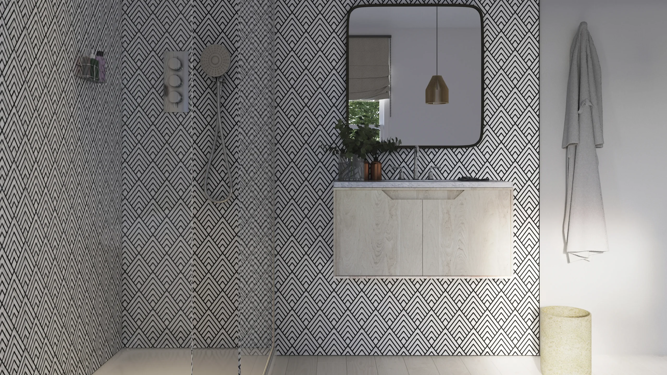 Showerwall Acrylic 2400 X 896 Black Geo SCA01