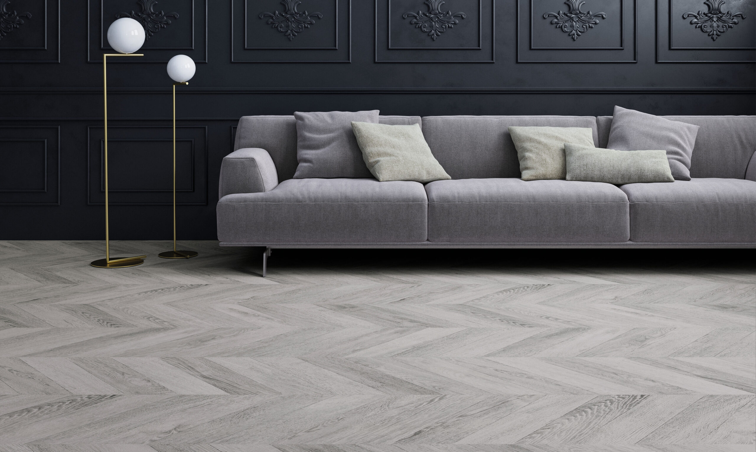 Faus Masterpieces 8mm Chevron Light Grey Laminate Flooring - Image 2