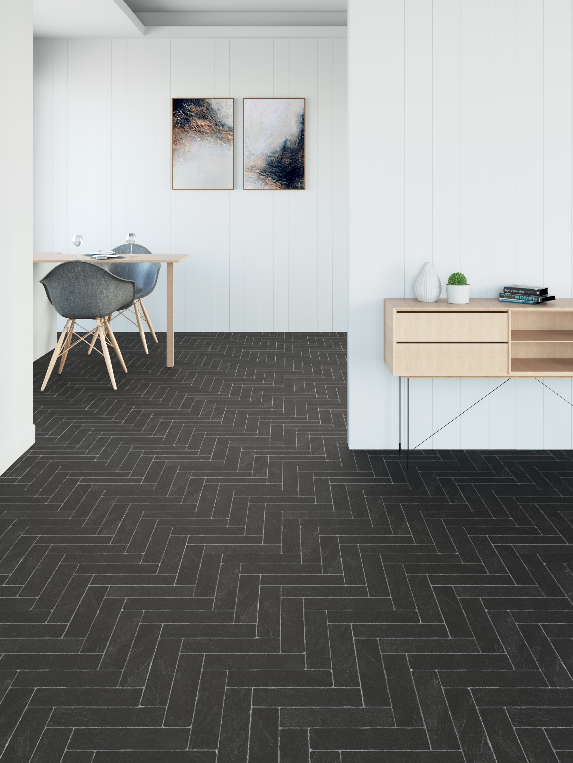 Faus Stone Effects 8mm Herringbone Black Laminate Flooring - Image 2