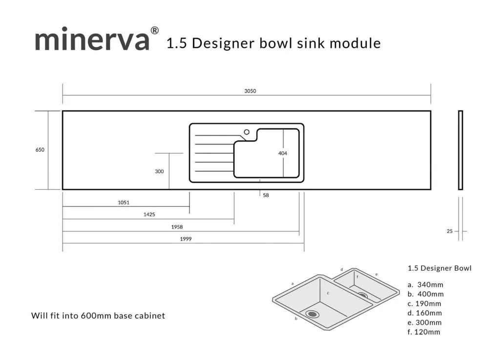 Minerva Copper Fleck S/Steel Sink Module R25 Sink Designer Bowl RHB 25mm 3050 X 650 - Image 4