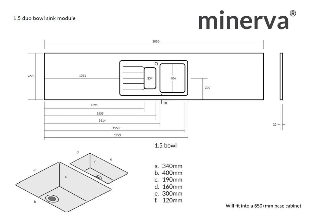 Minerva Copper Fleck S/Steel Sink Module R25 Sink Duo Bowl RHB 25mm 3050 X 650 - Image 4