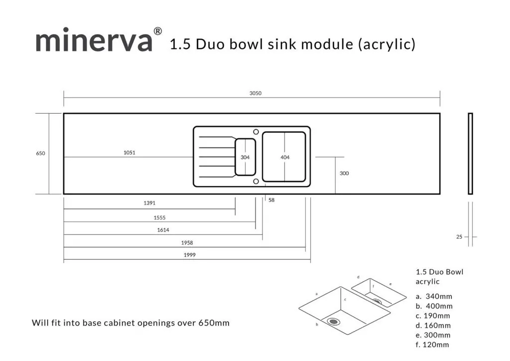 Minerva Copper Fleck Sink Module Acrylic Sink 1.5 Duo Bowl RHB 25mm 3050 X 650 - Image 4