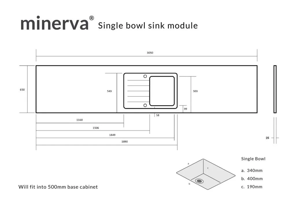 Minerva Carrara White S/Steel Sink Module R25 Sink Single Bowl LHB 25mm 3050 X 650 - Image 5