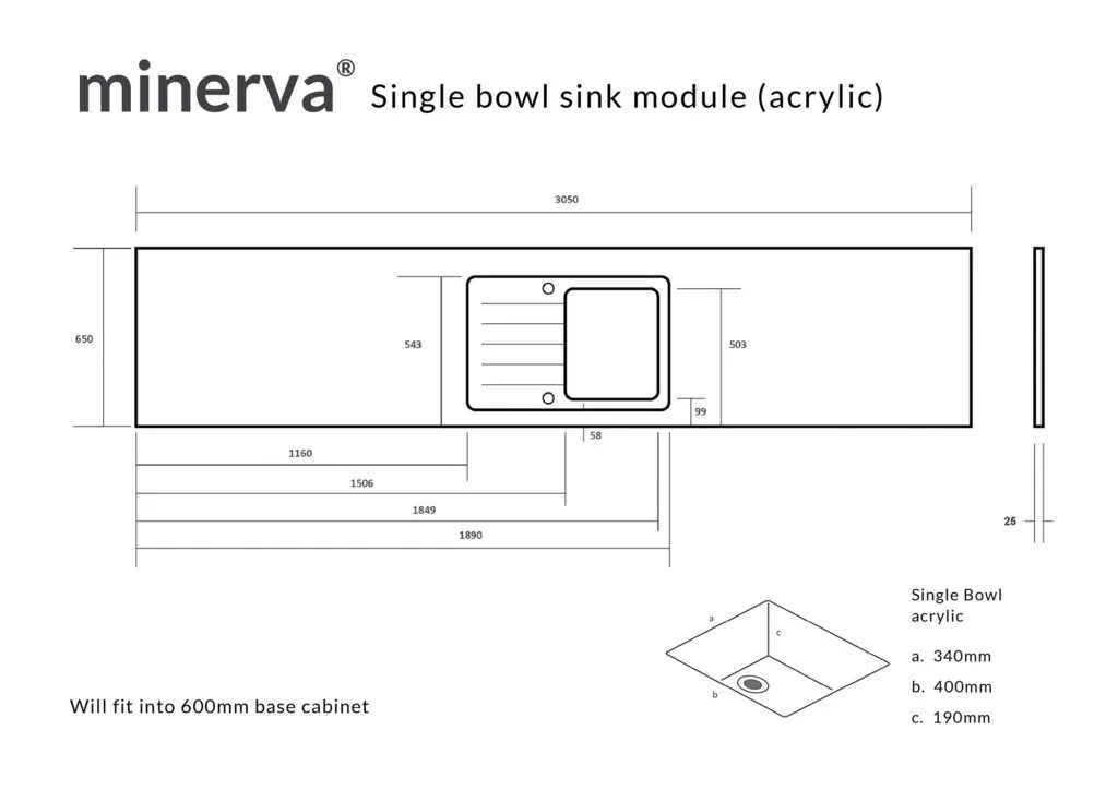 Minerva Grey Storm Sink Module Acrylic Sink Single RHB 25mm 3050 X 650 - Image 4