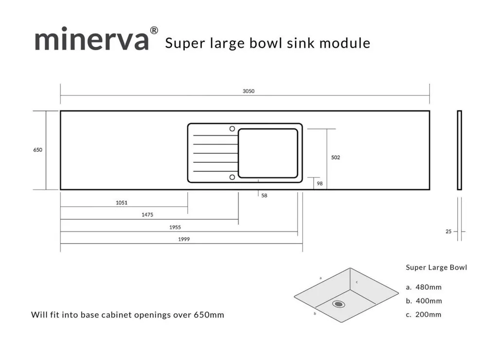 Minerva Copper Fleck S/Steel Sink Module R25 Sink Super Bowl LHB 25mm 3050 X 650 - Image 4