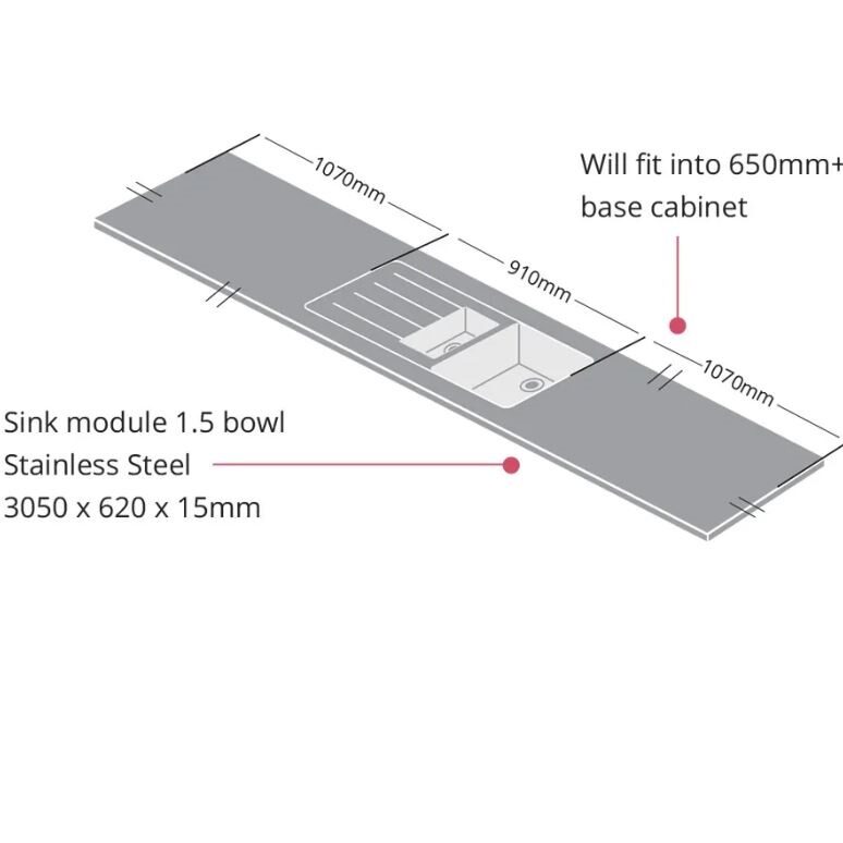 Metis White Fleck S/Steel Sink Module 1.5 Duo Bowl 3050 x 620 x 15mm - Image 2
