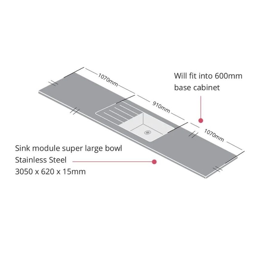 Metis White Fleck S/Steel Sink Module Super Large Bowl 3050 x 620 x 15mm - Image 2
