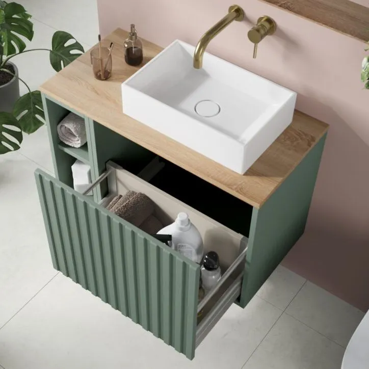 Scudo Alfie 800mm Fluted Vanity Unit Kit With Worktop, Side Unit, Sit On Basin - Reed Green
