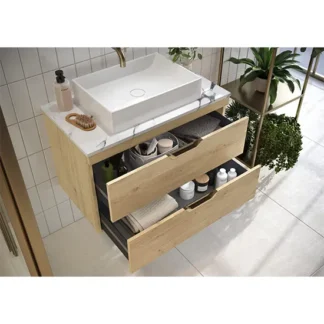 Scudo Aubrey 600mm Wall Mounted Vanity Unit With White Basin - Davos Oak