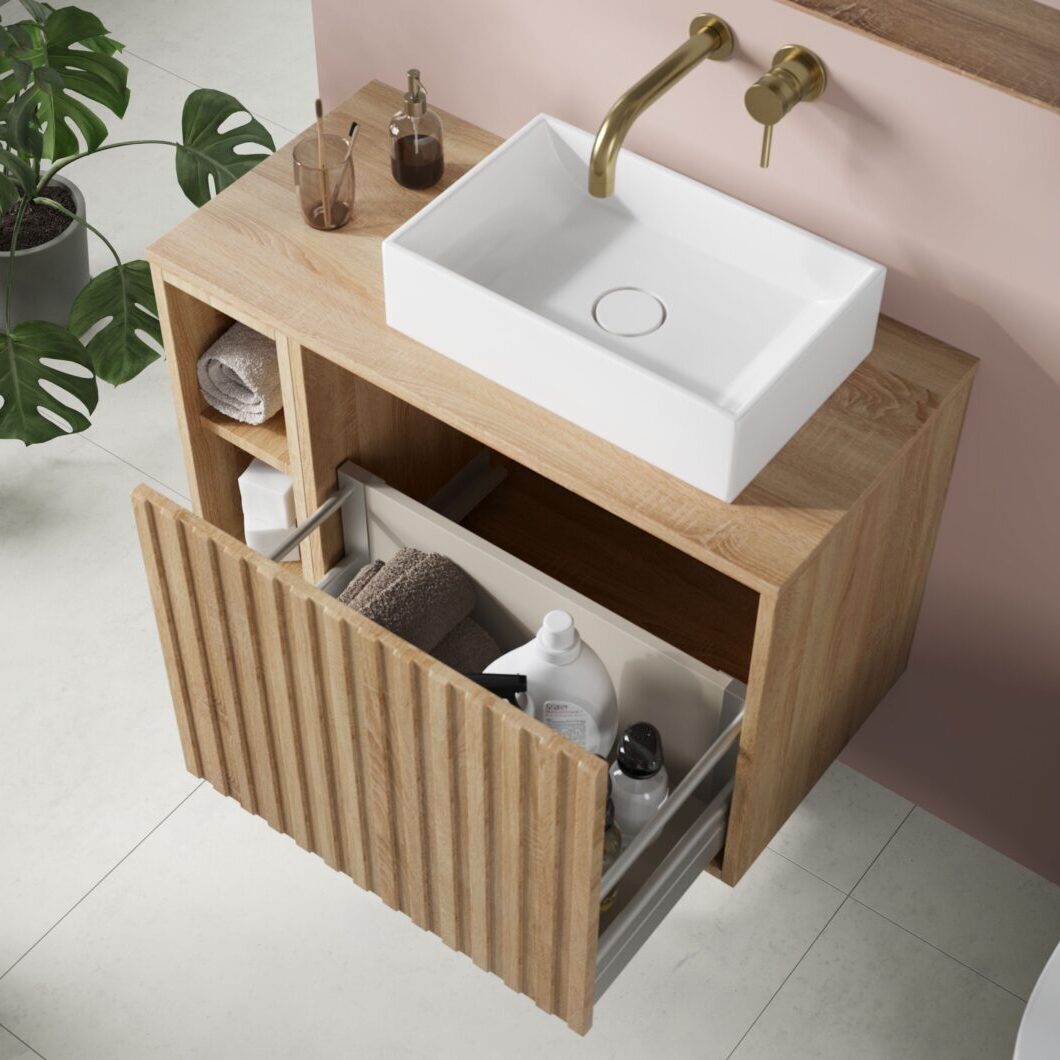 Scudo Alfie 800mm Fluted Vanity Unit Kit With Worktop, Side Unit, Sit On Basin - Sonoma Oak