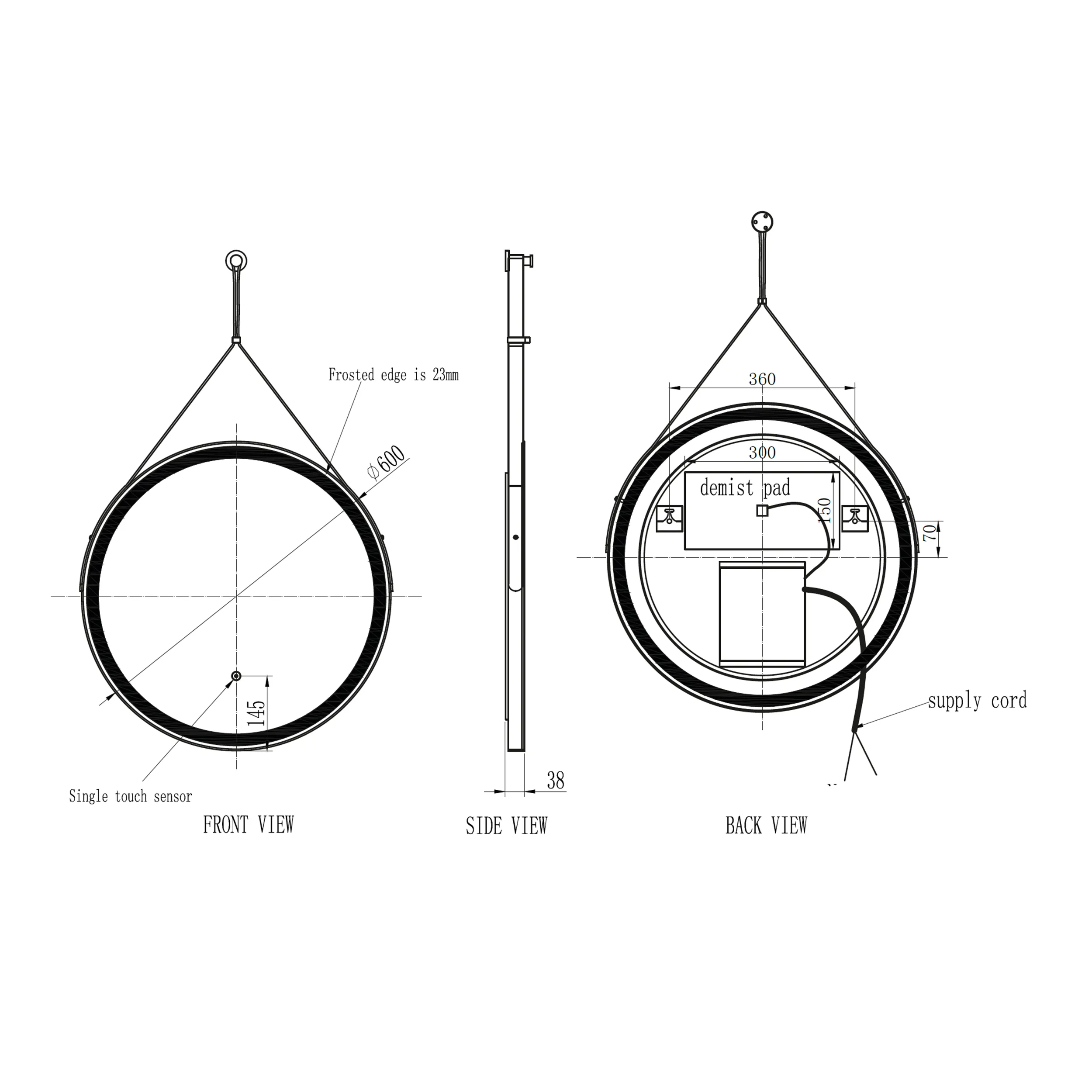 Scudo Belini Round LED Hanging Mirror - Matte Black - Image 3