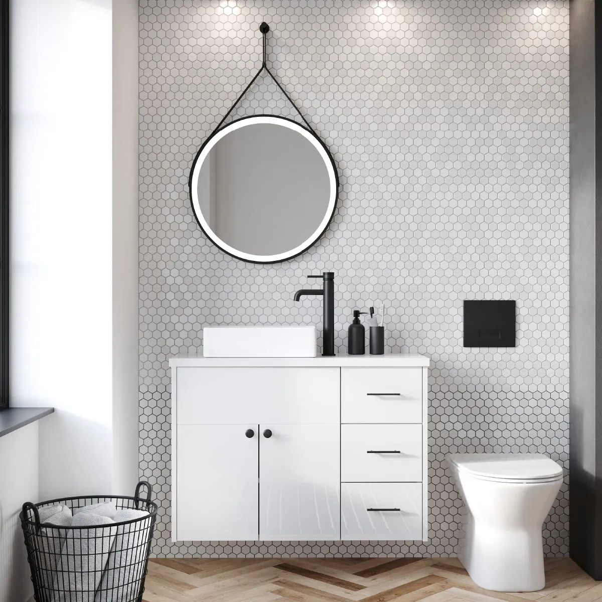 Scudo Belini Round LED Hanging Mirror - Matte Black - Image 2