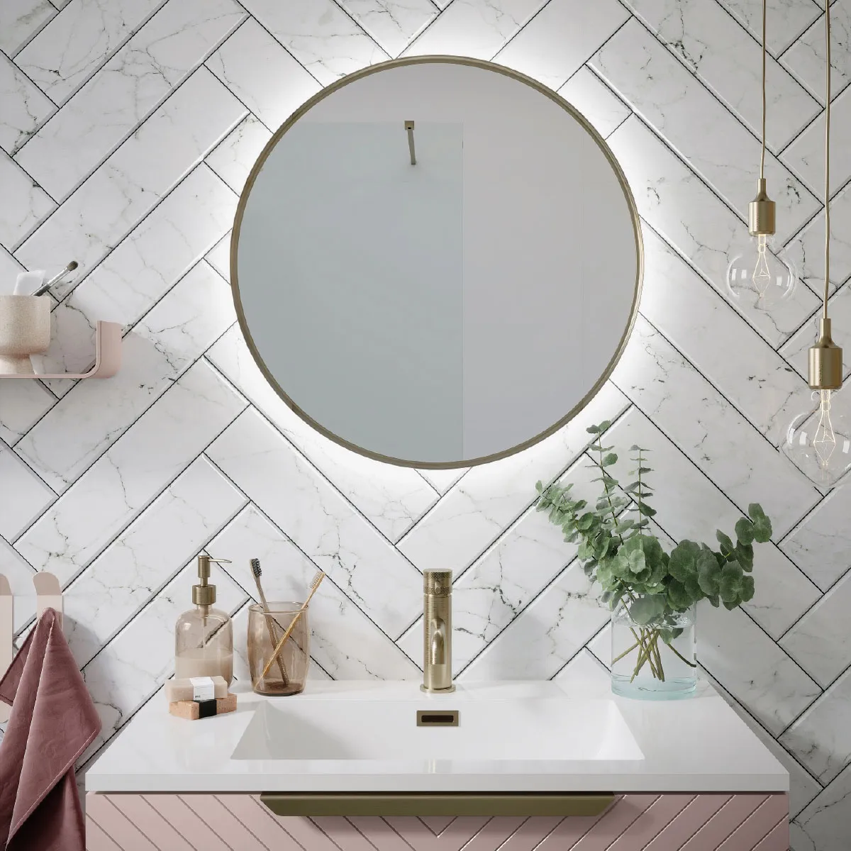 Scudo Macie 600mm LED Round Mirror - Brushed Brass - Image 2
