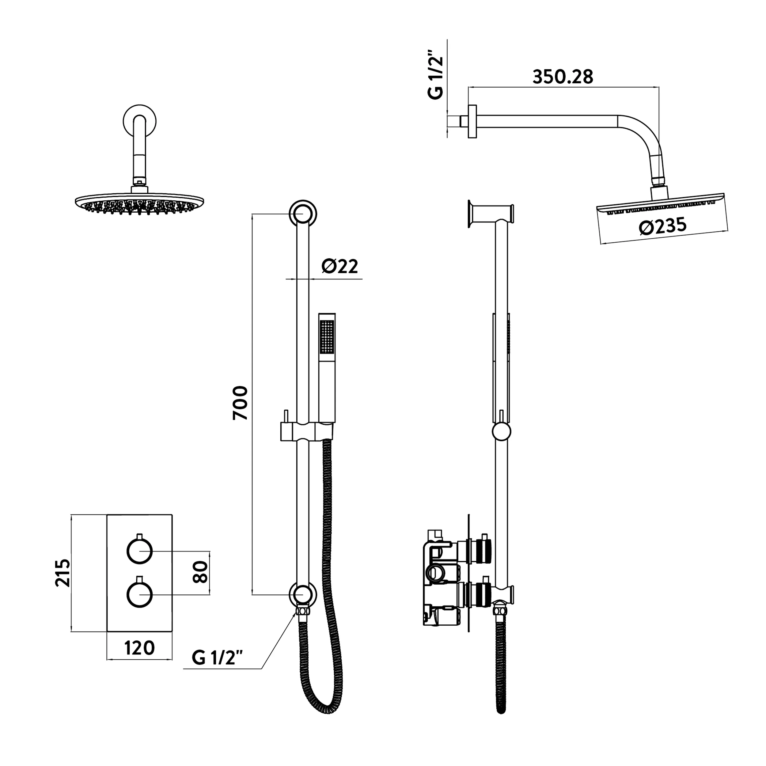 Scudo Core Round Handle Head & Handset Riser Kit - Brushed Brass - Image 3