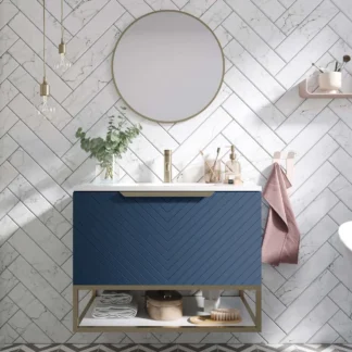 Scudo Chevron 800mm Wall Mounted Vanity Unit With White Basin - Matte Twilight Blue
