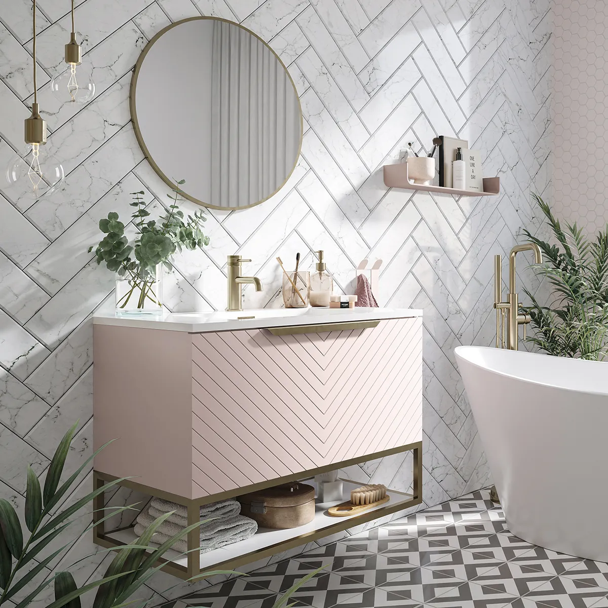 Scudo Chevron 800mm Wall Mounted Vanity Unit With White Basin - Matte Pastel Pink - Image 2