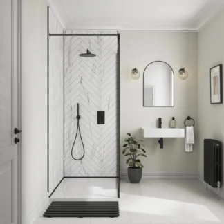 Showerwall Laminate White Marble Herringbone Tile SWT03 2400 x 600 Proclick