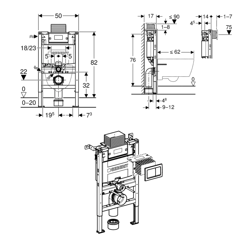 Geberit Duofix Alpha Element For Wall-Hung WC 82cm + Concealed Cistern + Square Flush Plate - Image 2