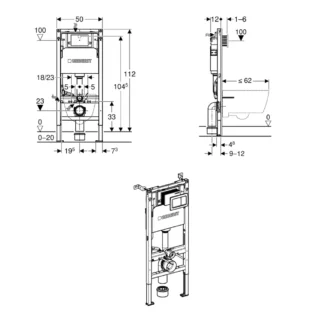 Geberit Duofix Alpha Element For Wall-Hung WC 112cm + Concealed Cistern + Square Flush Plate